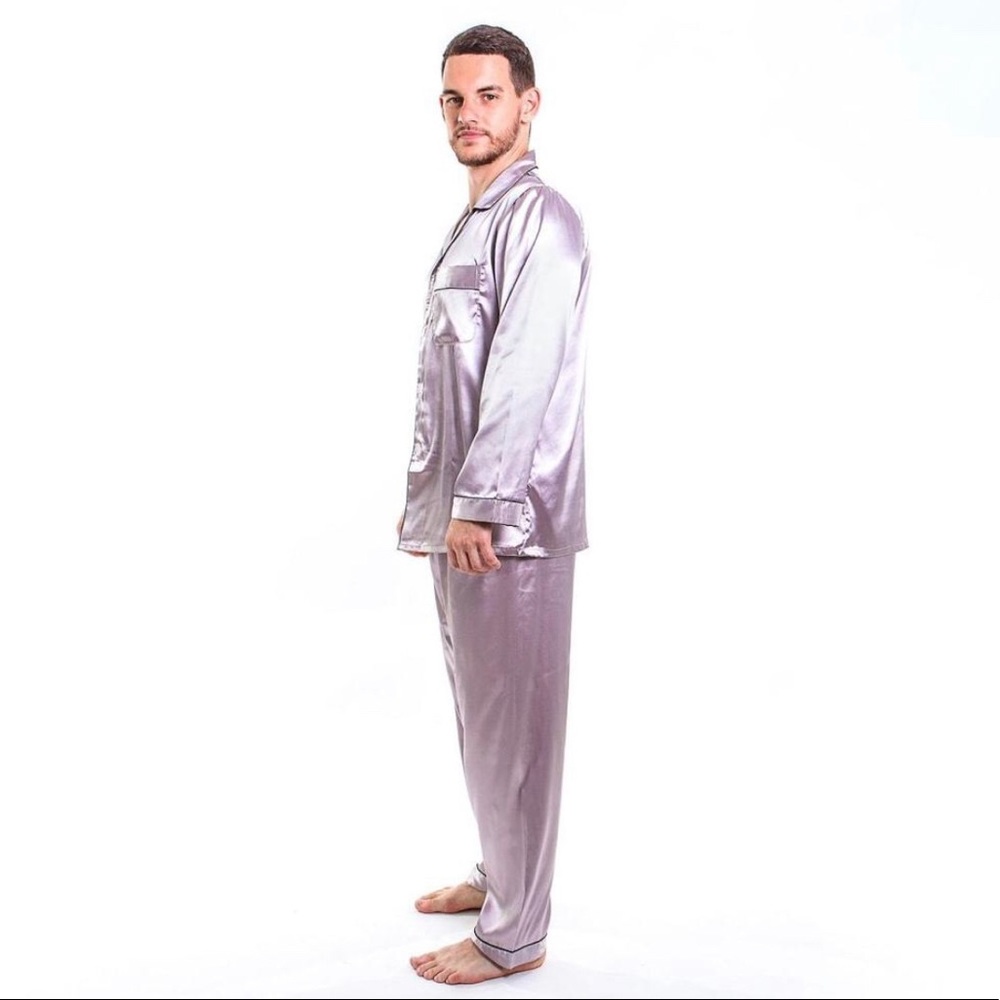 SOLDMen's Satin Pajamas Long Sleeves + Pants - Picture 6 of 13